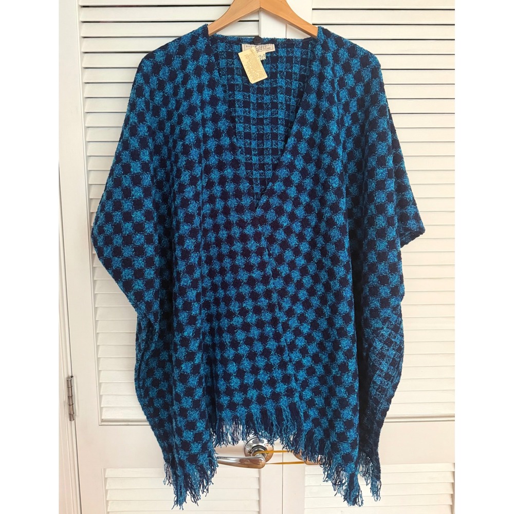 NWT Boyne Valley Weavers Navy & Turquoise Buffalo Check Fringed Cape (No Scarf)